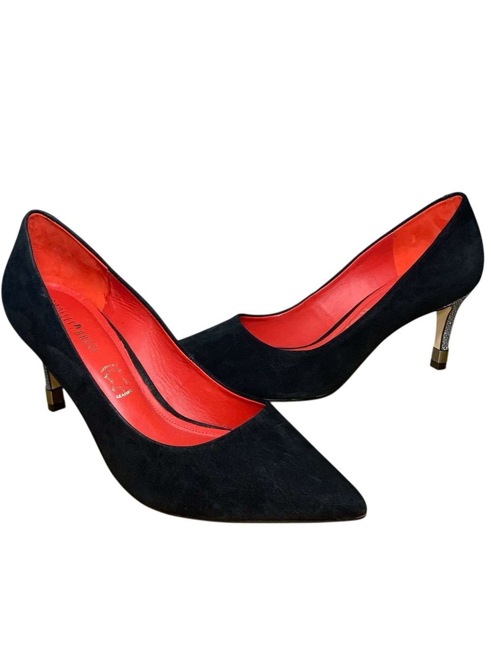 Capelli Rossi Black Suede Pointed-Toe Pumps 38 Red Interior Stiletto Rhinestone